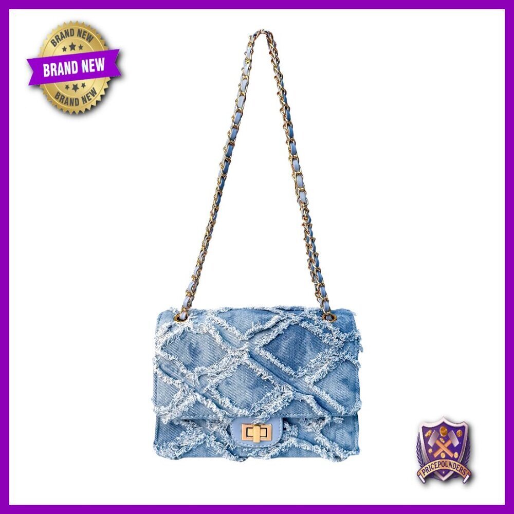 Vintage Denim Crossbody Bag Quilted Frayed Edge Adjustable Chain Strap